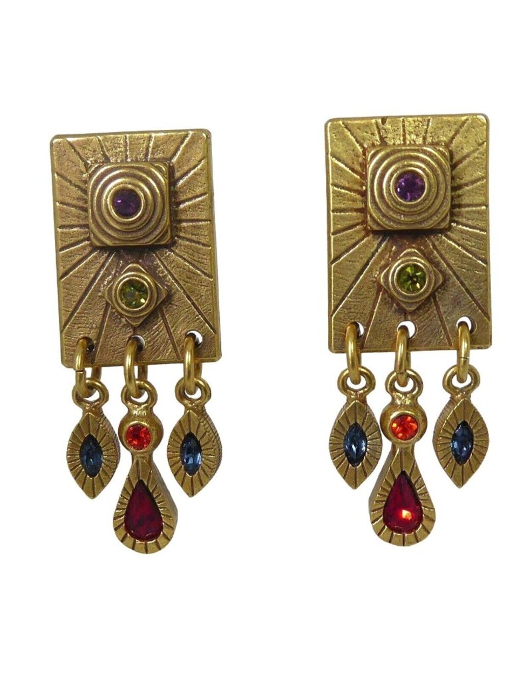 Signed Patricia Locke Retired Water Lily Linear Dangle Gold Crystal Earrings